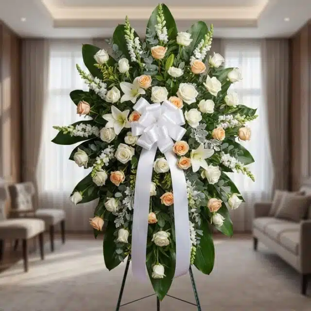 Pedestal fúnebre 'Descansa Ahora' con rosas blancas y durazno, lirios y gladiolos, en una sala de velación premium con luz na