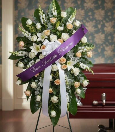Pedestal fúnebre 'Descansa Ahora' con rosas blancas y durazno, lirios y follaje, adornado con una cinta morada que dice 'Con
