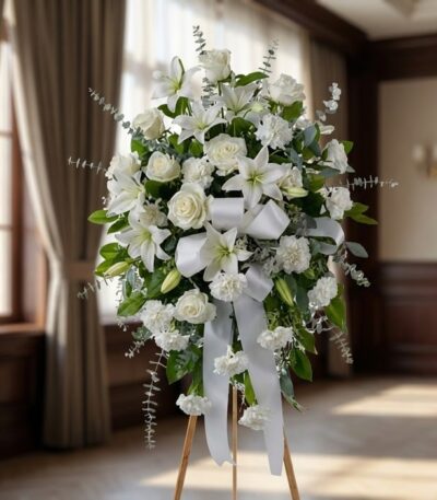 Impresionante pedestal fúnebre 'Hasta Pronto' con lirios, rosas y claveles blancos, realzado con un lazo de satén, en una sal