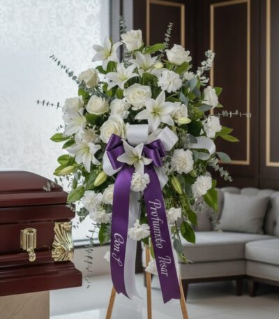 Pedestal fúnebre 'Hasta Pronto' con rosas blancas, lirios y claveles, cinta morada con mensaje de condolencia, junto a un ata