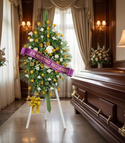 Pedestal fúnebre elegante con rosas amarillas y blancas, cinta morada 'EN NUESTRO RECUERDO', junto a un ataúd en sala de vela
