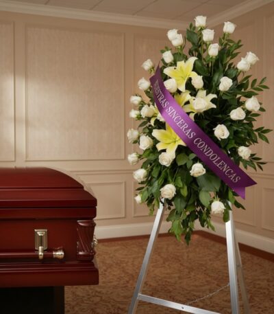 Pedestal fúnebre "Luz de Jacinta" con rosas blancas y lirios amarillos, cinta morada con mensaje de condolencia, junto a un a