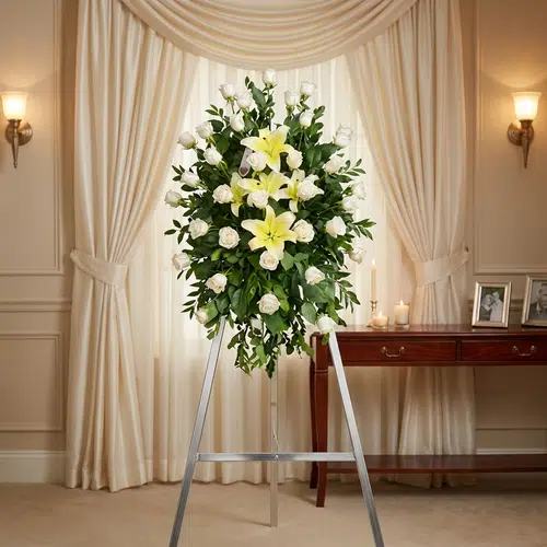 Pedestal Fúnebre de Homenaje «Luz de Jacinta» 🕊️ Pedestal fúnebre "Luz de Jacinta" con rosas blancas y lirios amarillos, en una elegante sala de velación con iluminación cáli