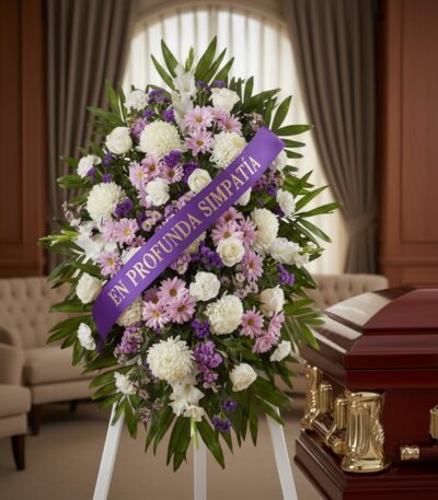 Pedestal fúnebre con flores blancas y moradas, cinta morada con mensaje 'En Profunda Simpatía', junto a un ataúd en sala de v
