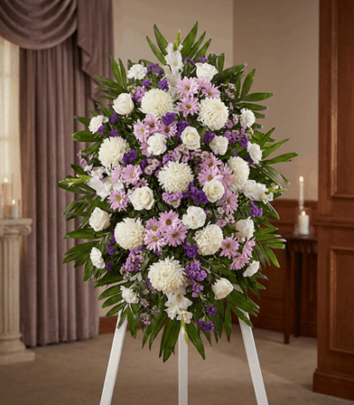 Impresionante pedestal fúnebre de homenaje con flores blancas, lilas y rosadas, ideal para honrar la memoria de Patricio en u
