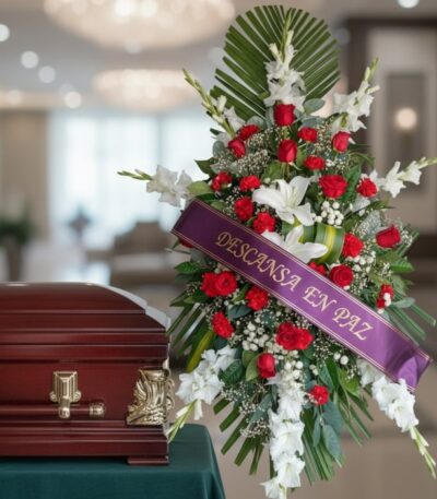 Impresionante pedestal fúnebre Homenaje con rosas rojas, lilies blancas y gladiolos, adornado con una cinta morada que dice '