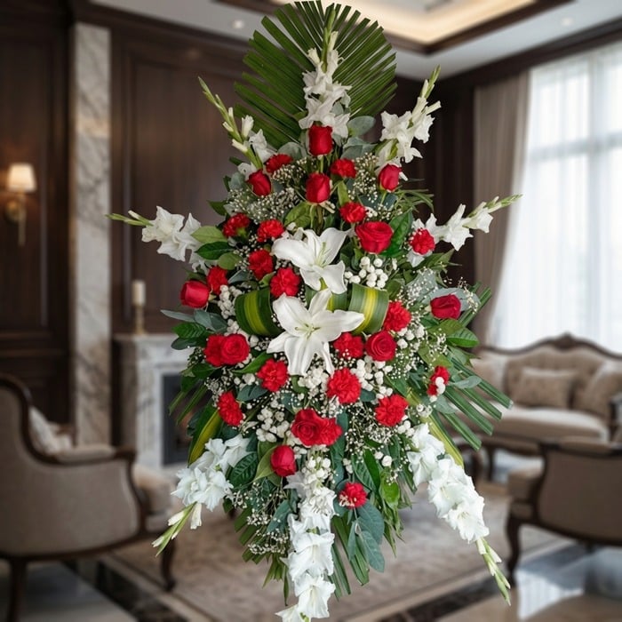 Pedestal fúnebre Homenaje con rosas rojas, lirios blancos y gladiolos, en una sala de velación premium con luz natural suave.