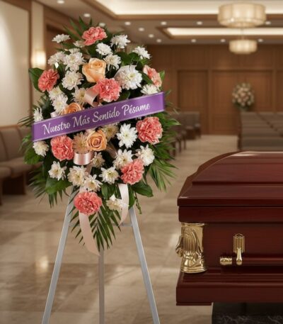 Pedestal fúnebre de homenaje para Timoteo con arreglo floral de claveles, rosas y crisantemos, cinta morada con mensaje de pé