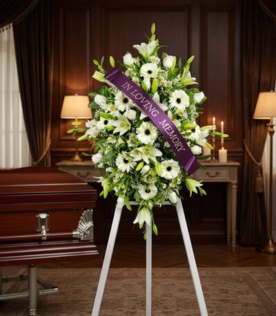 Pedestal fúnebre Inmaculada con lirios blancos, gerberas y follaje, adornado con una cinta morada que dice 'In Loving Memory'