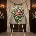 Impresionante pedestal fúnebre "Legado Eterno" con lirios rosados, rosas blancas y follaje exuberante, exhibido en una elegan