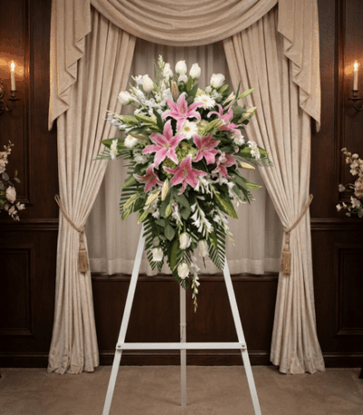 Impresionante pedestal fúnebre "Legado Eterno" con lirios rosados, rosas blancas y follaje exuberante, exhibido en una elegan