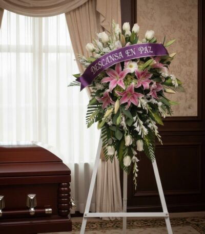 Pedestal fúnebre "Legado Eterno" con lirios rosados, rosas blancas y follaje, adornado con una cinta morada que dice "Descans