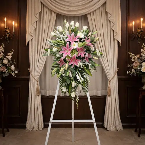 Pedestal Fúnebre «Legado Eterno» para Marcelo: Elegancia y Respeto Impresionante pedestal fúnebre "Legado Eterno" con lirios rosados, rosas blancas y follaje exuberante, exhibido en una elegan