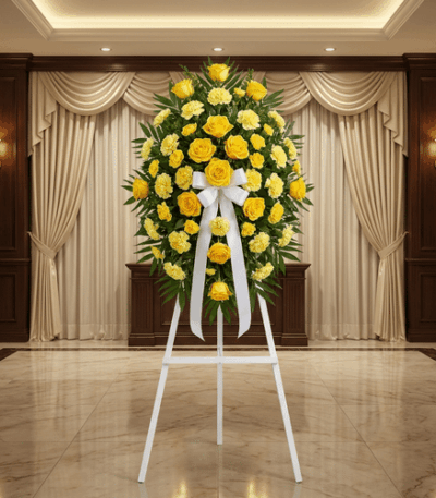Pedestal fúnebre Legado Sereno con rosas y claveles amarillos, lazo blanco, en sala de velación elegante con cortinas y luz c