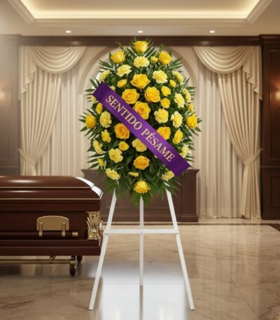 Pedestal fúnebre 'Legado Sereno' con rosas y claveles amarillos, cinta morada 'Sentido Pésame', junto a un ataúd en sala de v