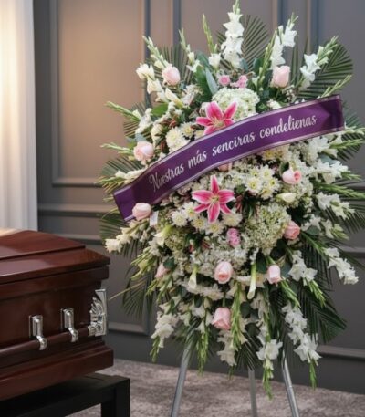 Pedestal fúnebre 'Pasión' con rosas, lirios y gladiolos blancos, cinta morada con mensaje de condolencia, junto a un ataúd en