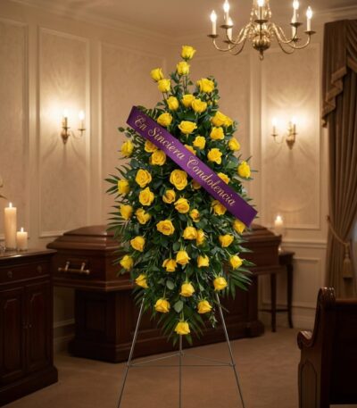 Pedestal fúnebre 'El Legado de Domingo' con rosas amarillas vibrantes y cinta morada 'En Sincera Condolencia' en sala de vela