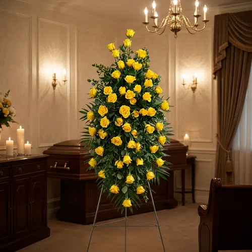 Pedestal Fúnebre El Legado de Domingo: Rosas Amarillas para Homenaje Solemne Pedestal fúnebre alto con rosas amarillas vibrantes y follaje verde, presentado en una elegante sala de velación con iluminac