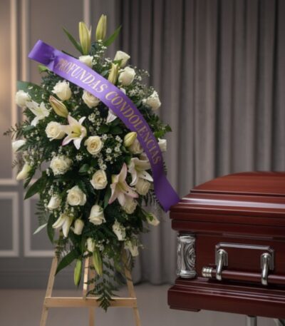 Pedestal fúnebre 'Salvación' con rosas blancas, lirios y follaje, adornado con una cinta morada que dice 'PROFUNDAS CONDOLENC