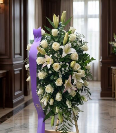 Pedestal fúnebre Salvación con rosas blancas, lirios y follaje verde, presentado en una sala de velación premium con luz natu