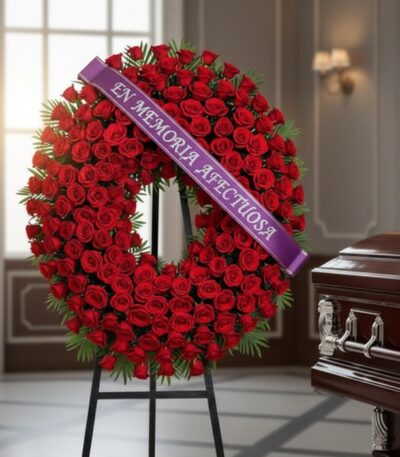 Pedestal fúnebre de rosas rojas con cinta morada 'En Memoria Afectuosa' junto a un ataúd en sala de velación premium.