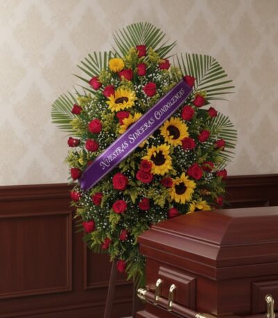 Pedestal fúnebre solemne con rosas rojas, girasoles y follaje, adornado con una cinta morada que dice 'Nuestras Sinceras Cond