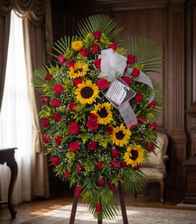 Pedestal fúnebre solemne con rosas rojas, girasoles y follaje verde, presentado en una elegante sala de velación con luz natu