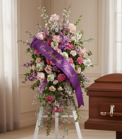 Pedestal funerario 'Luz de Elisa' con rosas y flores variadas en tonos pastel, cinta morada con 'Con Profundo Pésame', junto