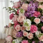 Macro de arreglo floral funerario 'Luz de Elisa' con rosas, lirios y claveles en tonos pastel, rocío sutil y cinta satinada.