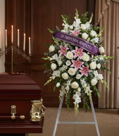 Pedestal floral "El Legado de Josafat" con rosas blancas, lirios rosados y gladiolos, cinta morada "En Profunda Simpatía" jun