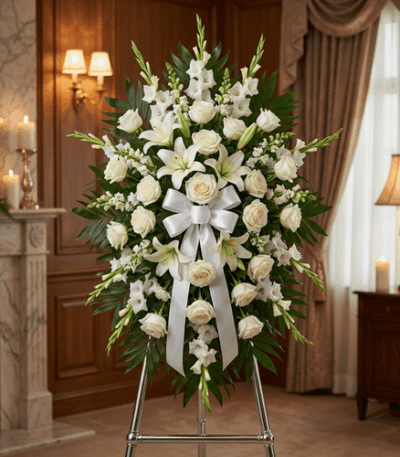 Pedestal de honor Abdon con rosas blancas, lirios y gladiolos en una elegante sala de velación, ideal para homenajes póstumos