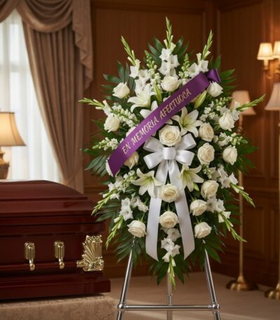 Imponente pedestal de honor Abdon con rosas blancas, lirios y gladiolos, adornado con una cinta morada que dice 'EN MEMORIA A