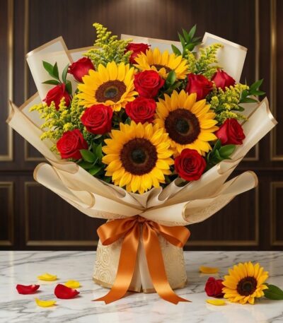 Ramillete o Bouquet Primavera con girasoles grandes y rosas rojas abiertas, envuelto en papel coreano elegante, sobre mármol.