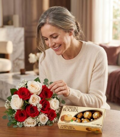 Mujer elegante admirando un ramillete de rosas rojas y blancas, junto a una caja de bombones Ferrero Rocher, en un ambiente d