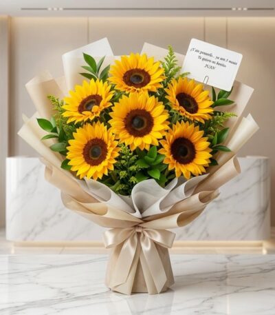 Ramillete de seis girasoles grandes y vibrantes con follaje verde, envuelto en papel coreano beige y blanco con un lazo de sa