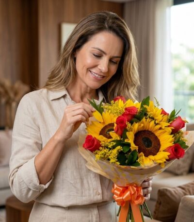 Mujer de mediana edad, elegante y natural, admirando con deleite un ramillete o bouquet de girasoles y rosas rojas en un inte