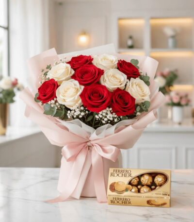 Ramillete Dulce Despertar con 12 rosas rojas y blancas, empaque coreano rosa, eucalipto y gypsophila, junto a una caja de Fer