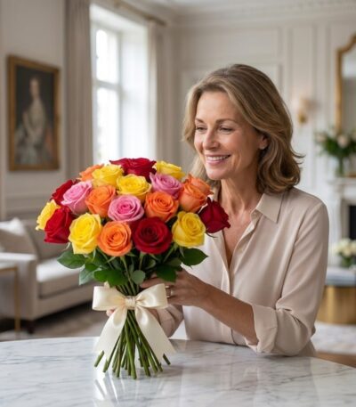 Mujer elegante de mediana edad sonriendo y admirando un ramillete de rosas multicolor (rojas, amarillas, naranjas, rosas) ata