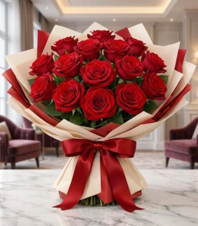 Ramillete de 12 rosas rojas grandes y abiertas con empaque coreano color crema y rojo, lazo de satén, sobre mármol.