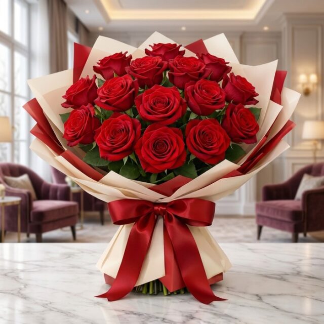 Ramillete de 12 rosas rojas grandes y abiertas con empaque coreano color crema y rojo, lazo de satén, sobre mármol.