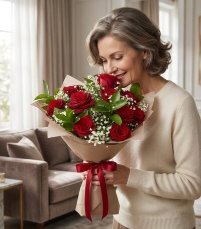 Mujer elegante de mediana edad admirando y oliendo un ramillete de rosas rojas frescas con gypsophila, envuelto en papel kraf