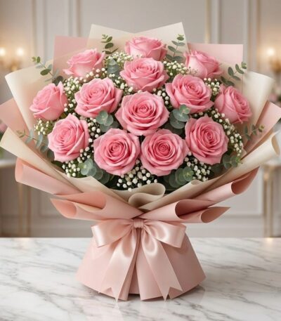 Ramillete o bouquet de 12 rosas rosadas grandes y abiertas con follaje, envuelto en papel coreano rosa y beige, atado con un