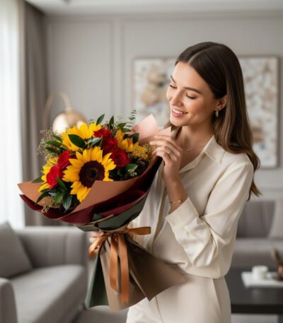 Mujer sonriente admirando el Ramo Aurora de Rosas y Girasoles, con girasoles vibrantes y rosas rojas, en un elegante salón de