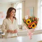 Mujer elegante admirando el Ramo Beatrice con rosas salmón y girasoles, envuelto en papel kraft y moño rosa, en un interior d