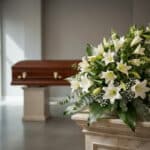 Ramo fúnebre Abdiel con lirios blancos y follaje verde en una sala de velación moderna, con un ataúd desenfocado al fondo.