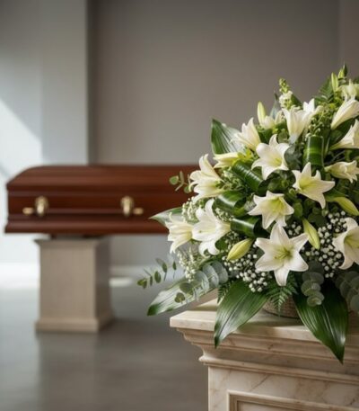 Ramo fúnebre Abdiel con lirios blancos y follaje verde en una sala de velación moderna, con un ataúd desenfocado al fondo.