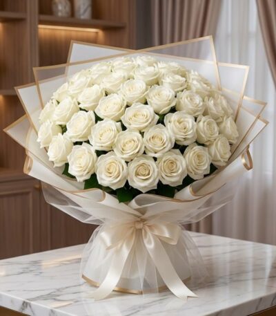 Impresionante ramo JACOBELLA de 60 rosas blancas frescas y abiertas, con empaque coreano elegante y lazo de seda, sobre mesa