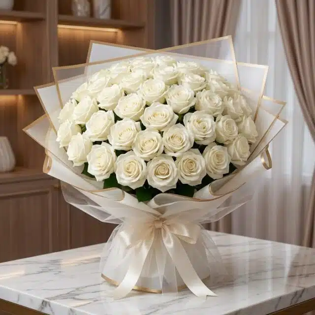 Impresionante ramo JACOBELLA de 60 rosas blancas frescas y abiertas, con empaque coreano elegante y lazo de seda, sobre mesa