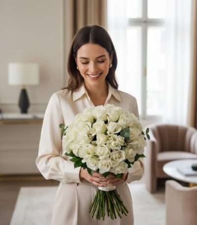 Mujer elegante sonriendo y admirando un gran ramo de 60 rosas blancas JACOBELLA, con un fondo de hogar de lujo desenfocado.