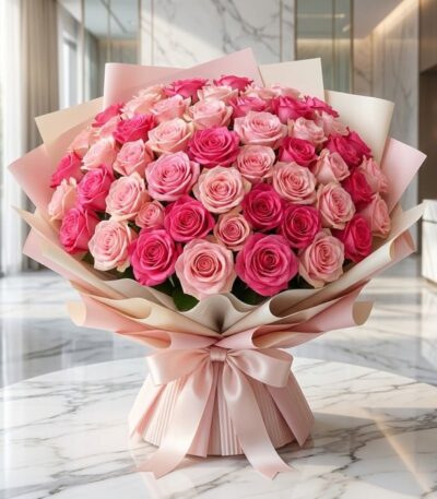 Impresionante ramo de 60 rosas fucsia y rosadas, con empaque coreano elegante, sobre mesa de mármol en floristería premium.